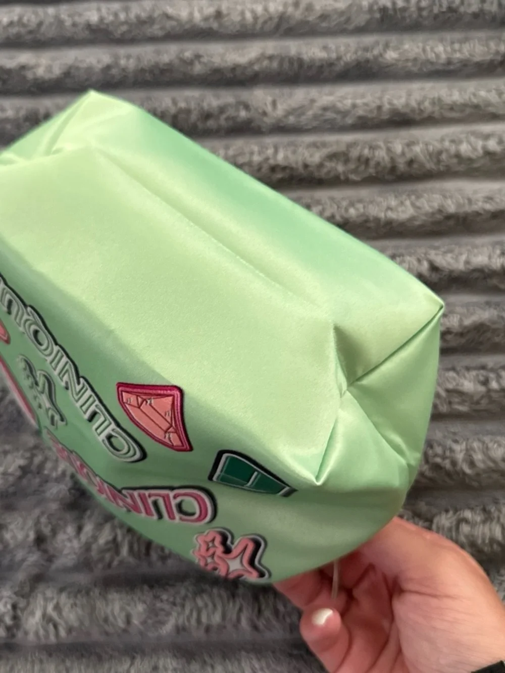 Clinique Mint Green Kids Cosmetic Pouch with Pink Accents and Patch Logos